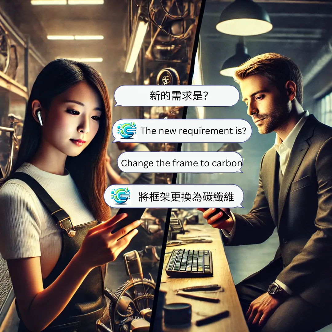 Two colleagues chat on their phones while Echonora translates the same conversation between Chinese and English