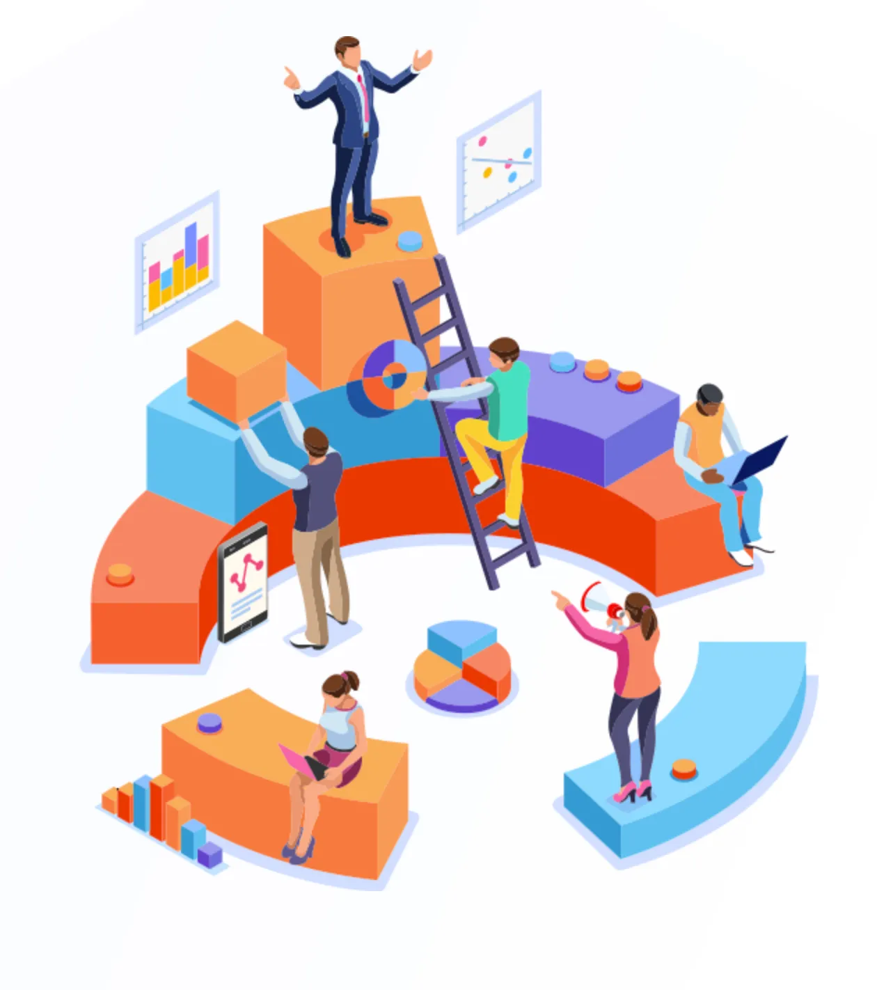 Illustration of a team collaborating around shared charts and documents
